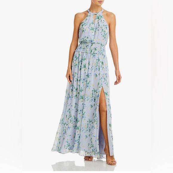 BCBGMAXAZRIA Halter Neck Smocked Waist Side Slit Maxi Evening Dress - Picture 1 of 2